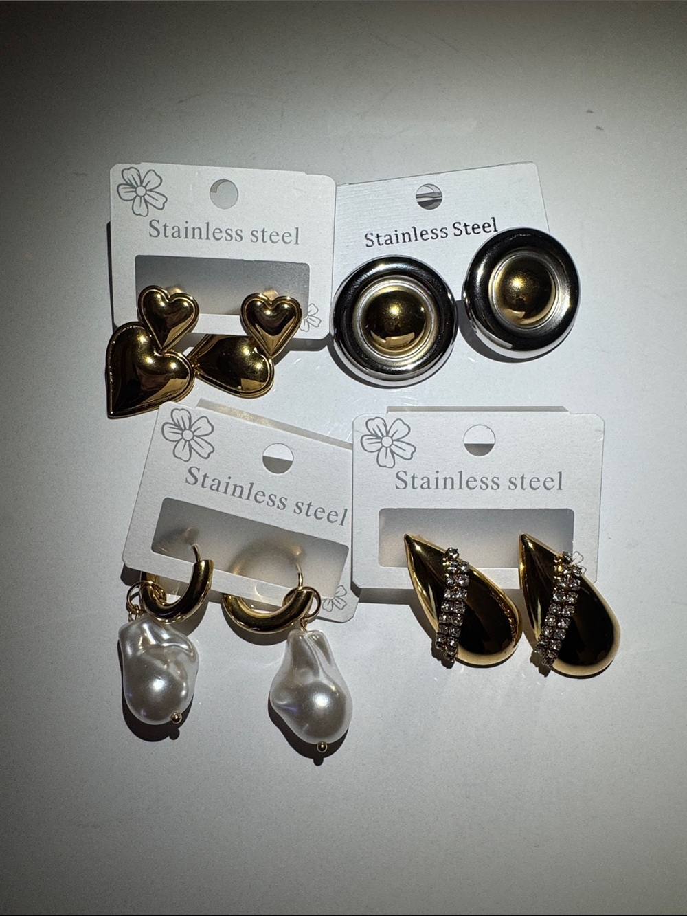 Gold-Tone Women's Earring Set — Hearts, Domes, Pearl Drops & Teardrops